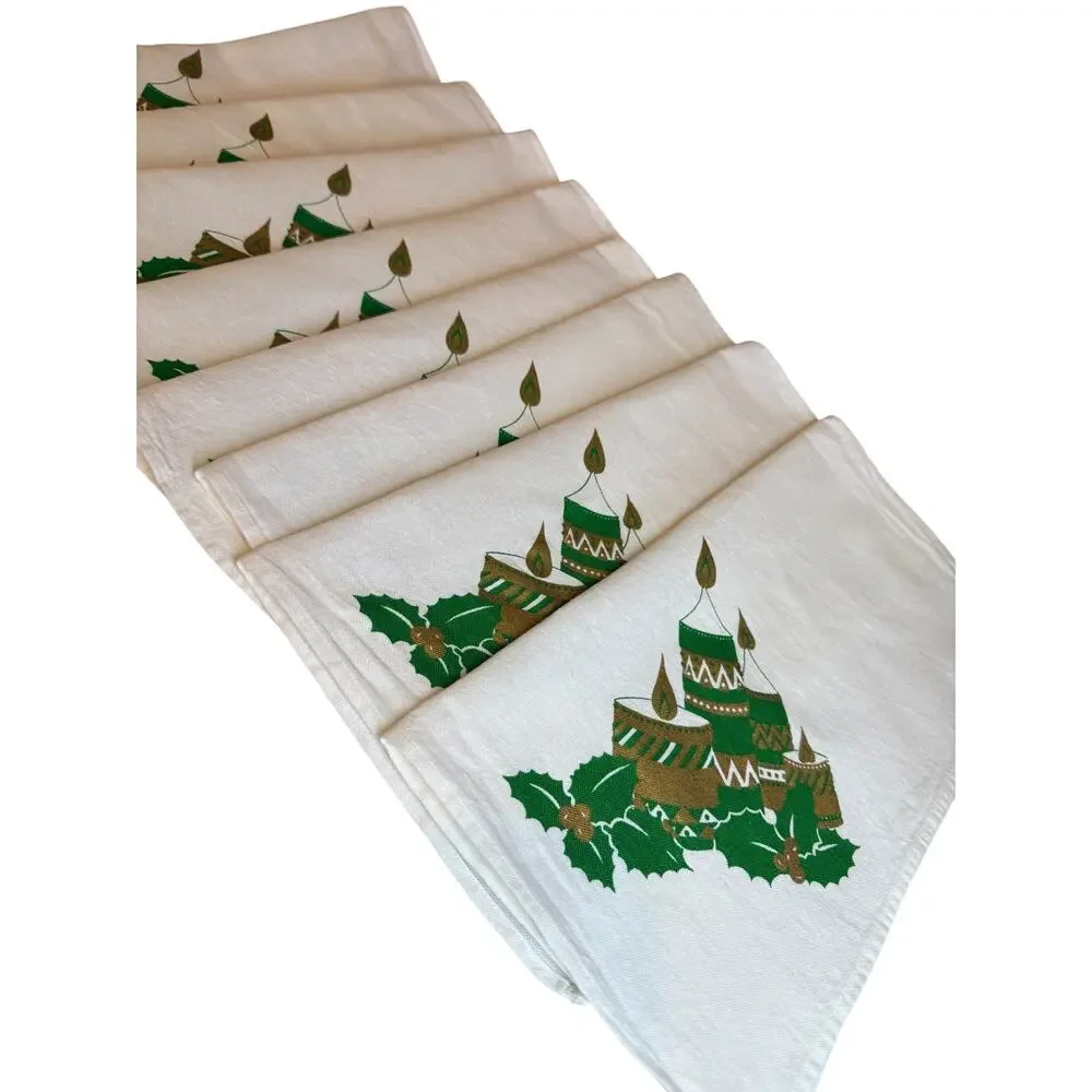 Vintage MCM Candle Holly Christmas Holiday Cloth Napkins Cotton